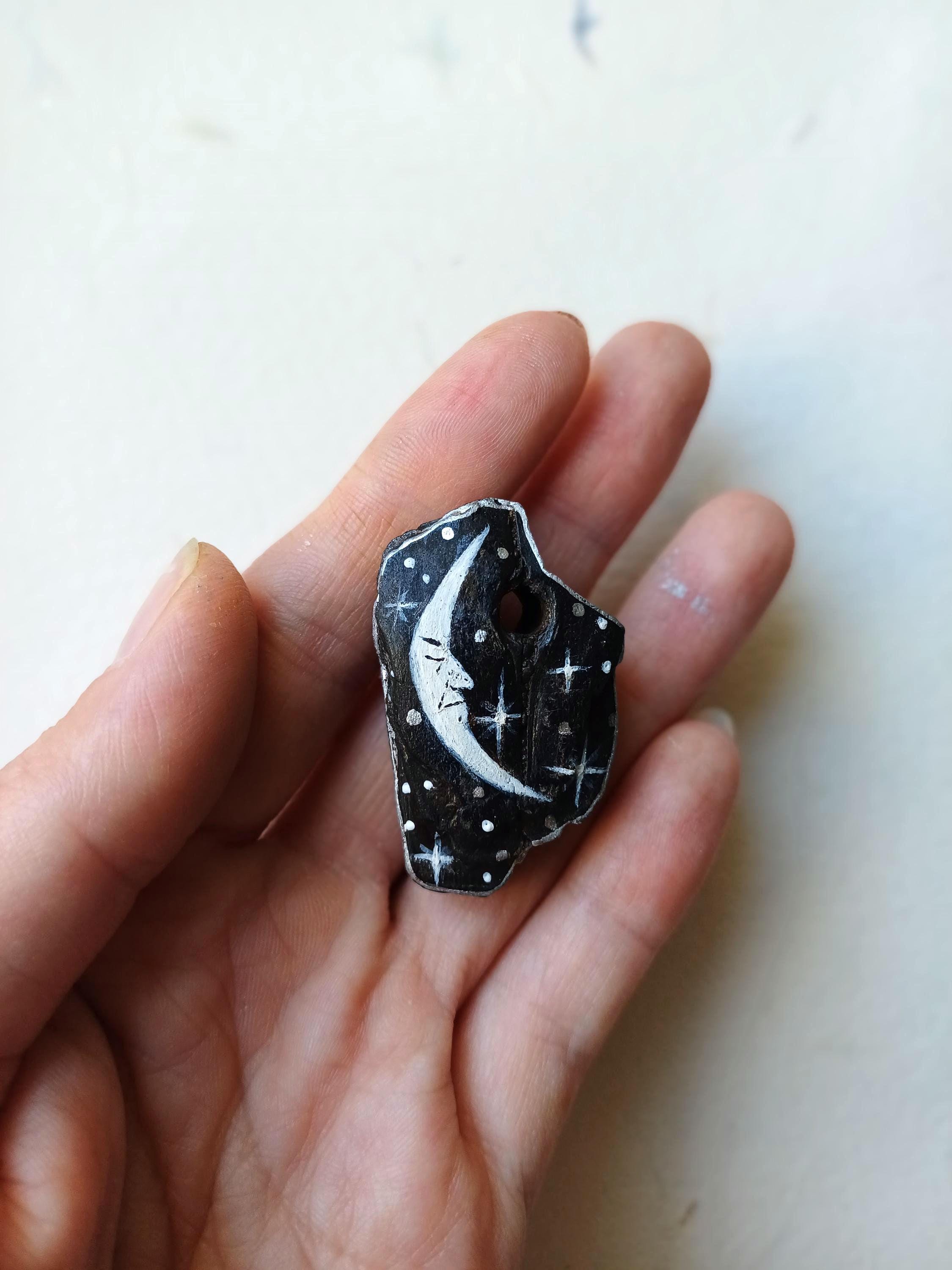 Whimsical Crescent Moon wooden hand painted necklace/Dreamy celestial wooden pendant/Hand crafted moon & stars talisman/Cottagecore jewelry