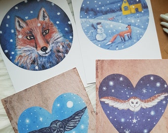 Set of 4 magical winter postcards with fairy tale scenes/Snowy wonderland whimsical Animals/Cozy night scene cards/Cute creatures art print