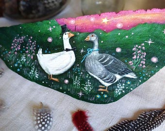 Geese Painting on Reclaimed Birch Wood/Enchanted Spring Evening Art/Rustic wedding gift/cozy Easter bird art/Whimsical bird illustration