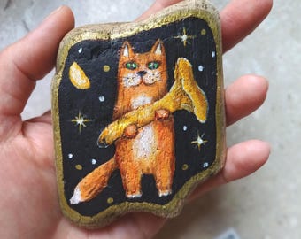 Ginger Cat Painting on Driftwood: Summer Woodland Art