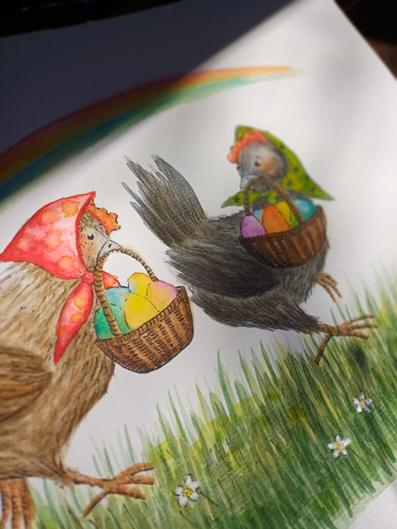 Original unframed fairytale watercolor illustration Easter Hens/Whimsical cute animals illustration/Original chickens colorful eggs painting image 2