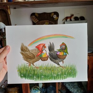 Original unframed fairytale watercolor illustration Easter Hens/Whimsical cute animals illustration/Original chickens colorful eggs painting image 8