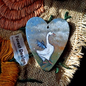 Vampire Goose original wooden hand painted pendant/White Goose With Bat Wing Pendant/Rustic Duck Painting/Gothic bird necklace/Whimsical art