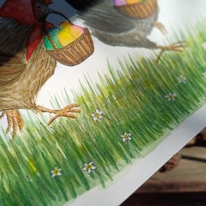 Original unframed fairytale watercolor illustration Easter Hens/Whimsical cute animals illustration/Original chickens colorful eggs painting image 4