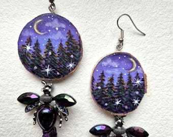 Hand Painted Wooden Earrings with Tassels – Night Forest Moon Design – Handmade Dangle Earrings – Artistic Nature Jewelry