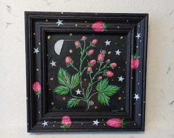 Forest Wild Strawberries in acrylics/Framed Woodland Fairy Art/Original Nature Illustration/Aquarelle wildlife gift/hand painted wall decor