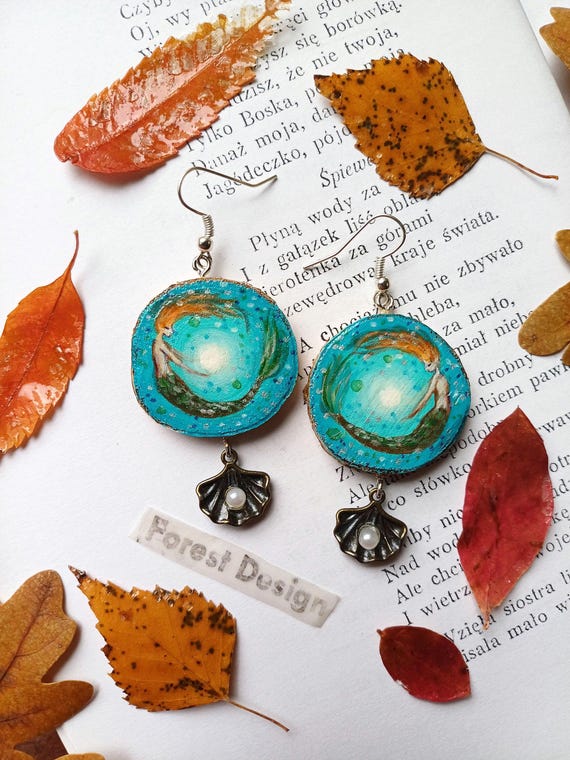 Boucles D'oreilles Pendantes Disque Motif Peint Poisson - Neuf Avec étiquettes