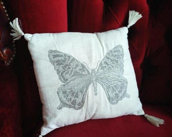 Vintage small 30cm shabby chic white pillow with embroidered silver butterfly/White and silver moth pillow/Whimsical cotton cushion insects