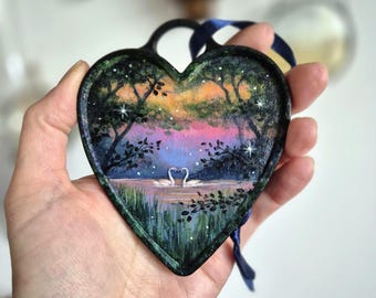 Swan Lake FantasyHeart Painting: Upcycled Woodland Wall decoration/ Two Swans fairytale illustration/ Valentines day gift/ love gift for her
