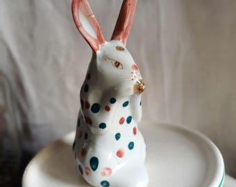 Antique porcelain white rabbit figurine with hand painted brown and green folklore flowers and dots/Vintage ethereal delicate eating bunny