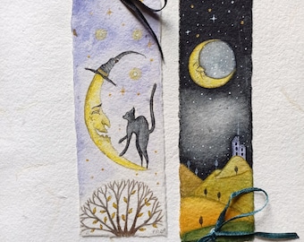 Halloween hand painted bookmark Hag moon and black cat/Watercolor spooky painting/Whimsical vintage fall illustration/Hand crafted paper