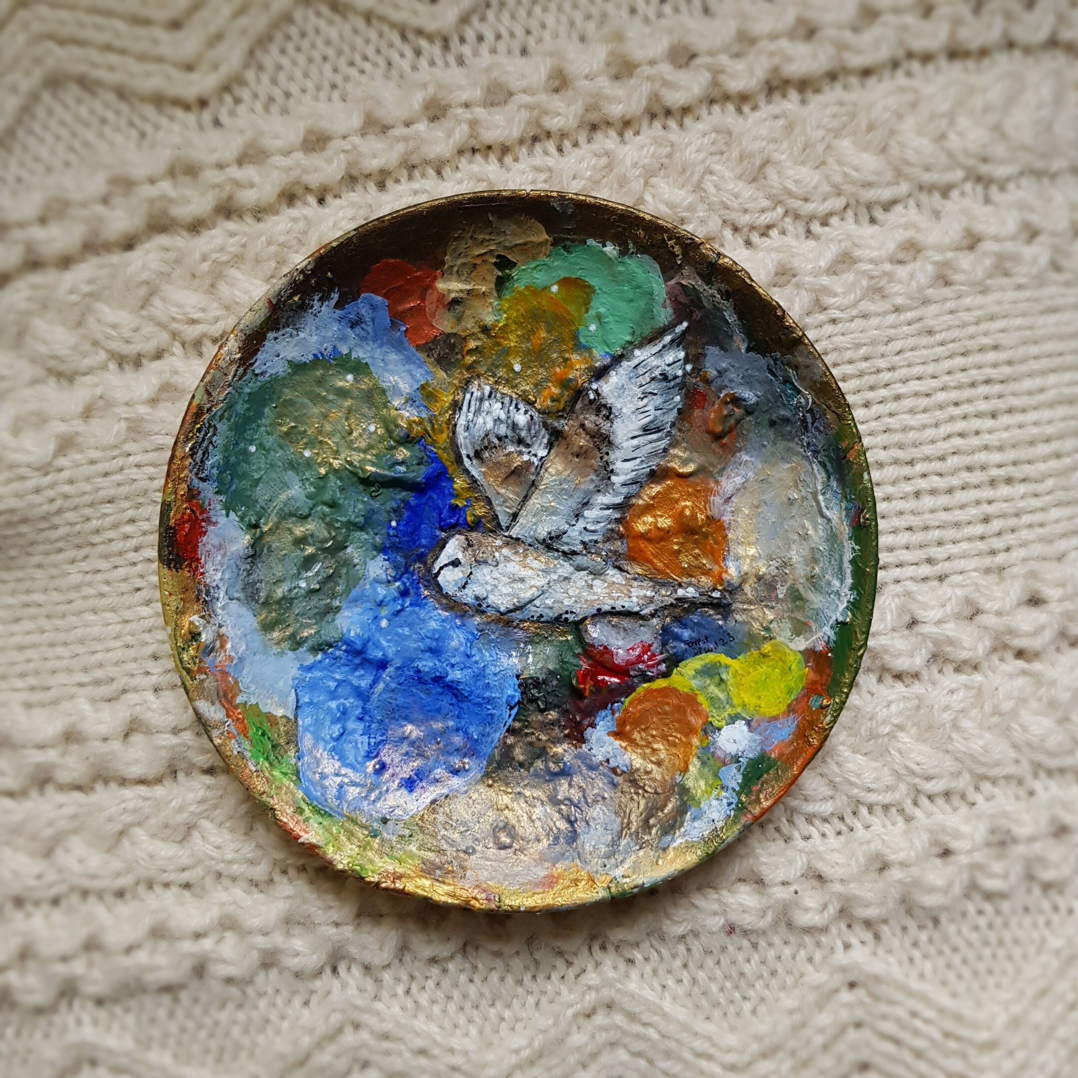 Abstract Owl Painting on Vintage Ceramic Artist Palette - Karolina Poland