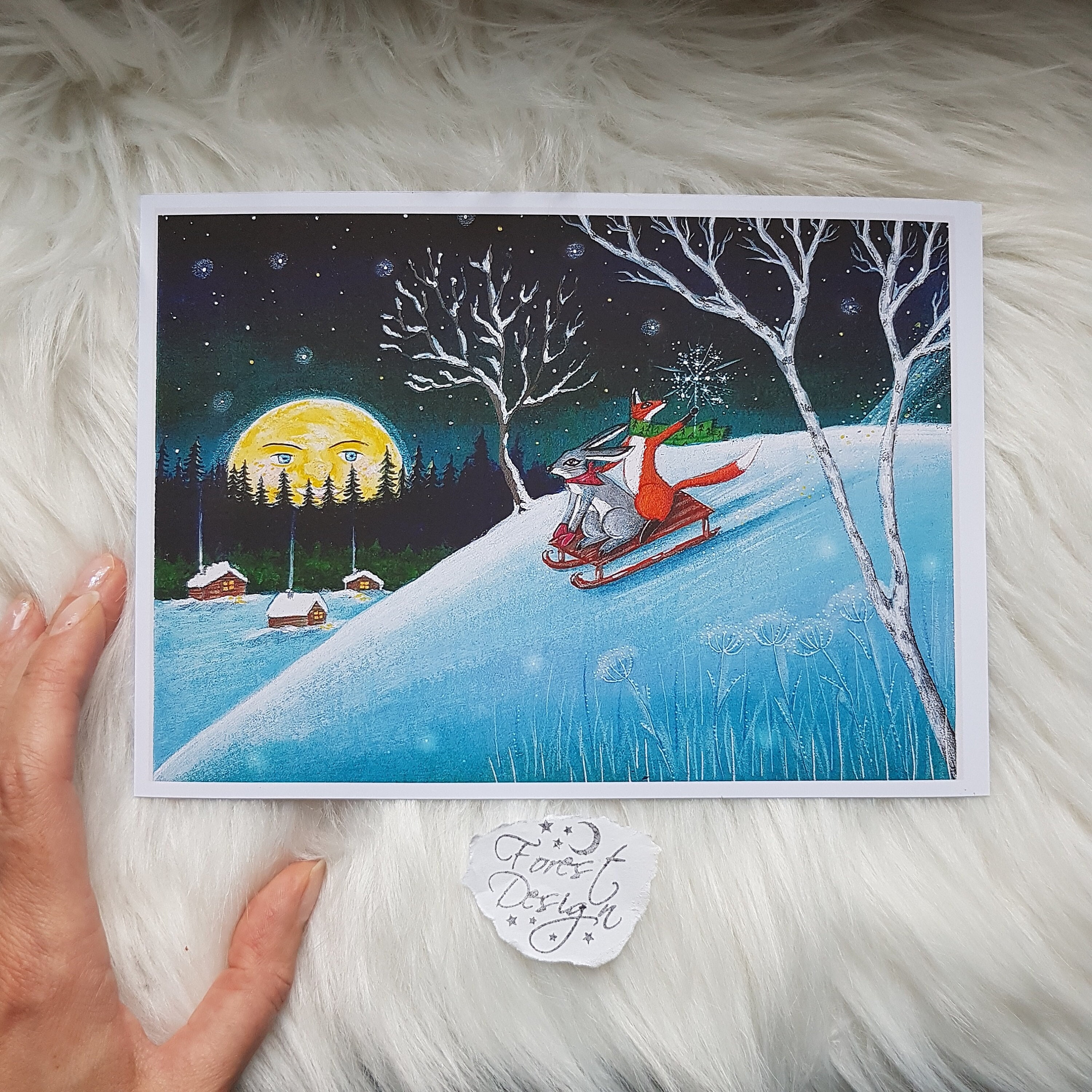 Scene - Sledge A4 A5 Cute Etsy Print Fun Fine Painting Animals Enchanted Art Snowy Winter Scenery/forest Tale February/whimsical Wall Decor/fairy