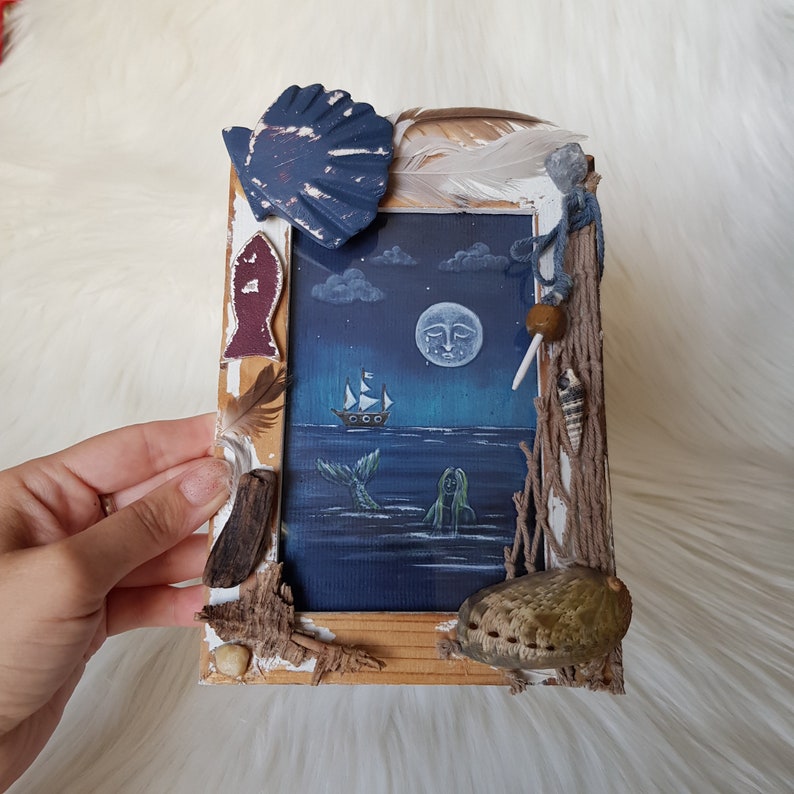 Original illustration settled in vintage marine frame Siren/Blue aesthetic acrylic illustration Mermaid/Ship at the sea magical decoration image 3