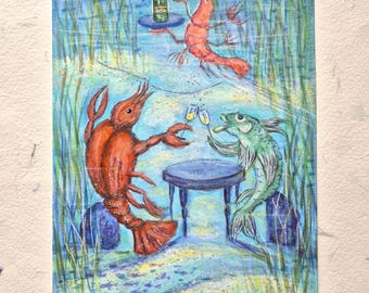 Original Whimsical Underwater Painting on paper, Fantasy Crayfish & Fish Illustration, Hand Painted Fairy Tale Artwork, A5 Original sea Art