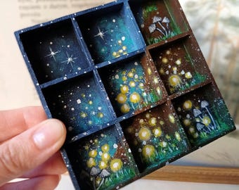 Fireflies Miniature Wooden Hand Painted Shelf/Small jewelry organizer/Rings earrings storage/Fantasy vanity decoration/Enchanted Forest Art