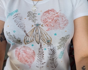 Hand painted Magical All Seeing Moth And Ferns shirt/Fairy Butterfly painting/Mom sister  birthday gift/Botanical women shirt S 100% cotton