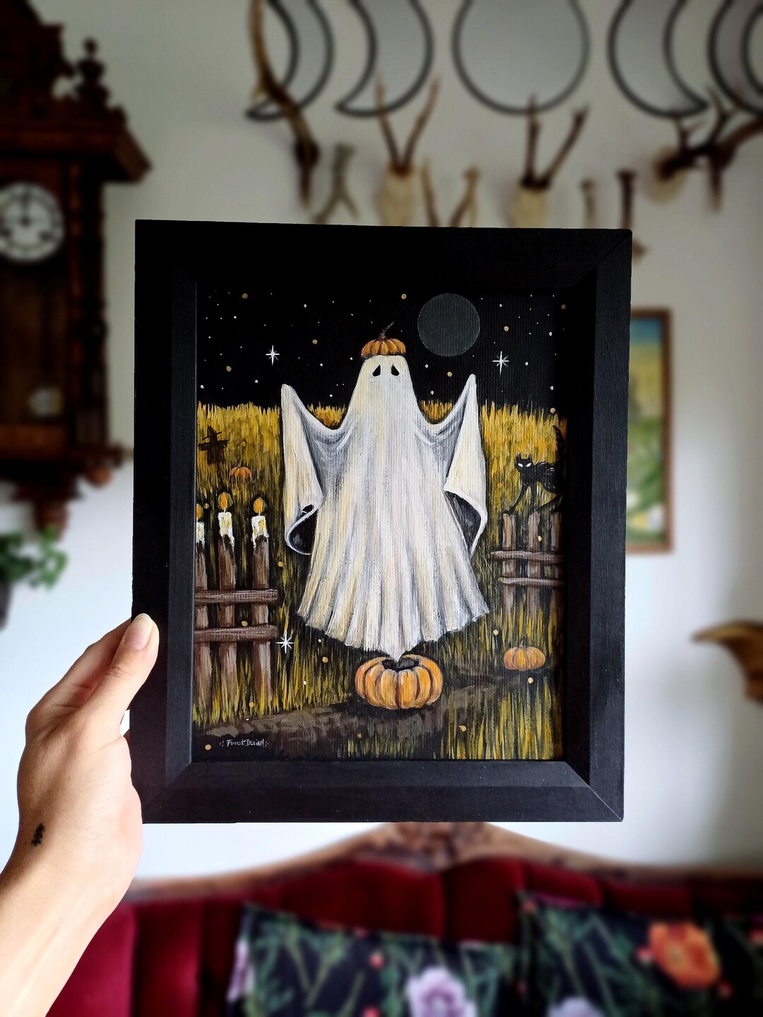 Framed Ghost Painting Vintage Halloween Art/pumpkin and Farmhouse