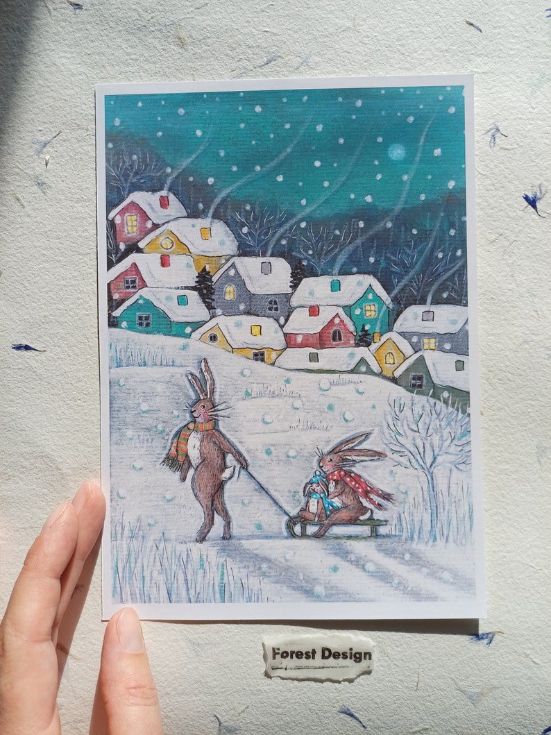 Fine Art Print A4 Snow Bunny Family/Whimsical animals wall decoration/Fairytale folklore scenery poster/Cozy winter village fantasy painting zdjęcie 1