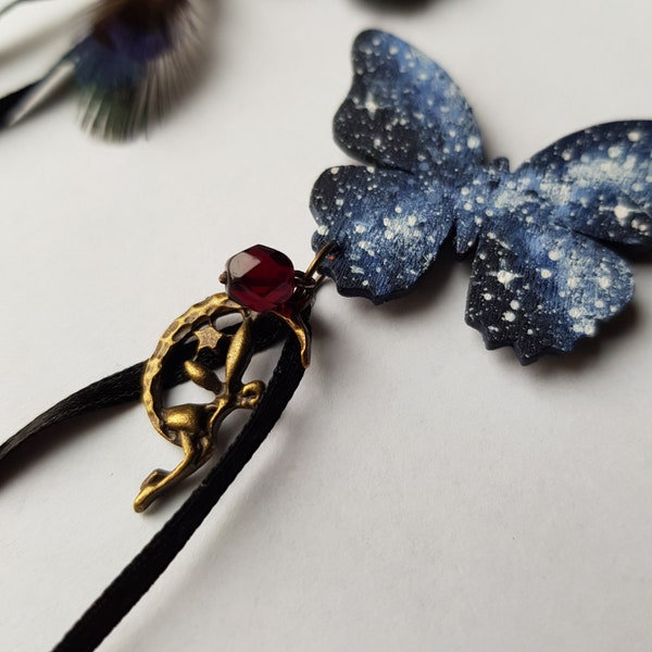 Wooden hand painted galaxy butterflies necklaces/Starry sky moths pendants/Fairy tale dreamy jewelry/Night scene milky way wearable art