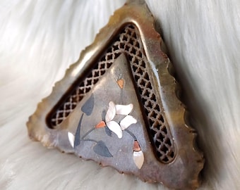 Vintage soap stone carved trinket box/Stash Box Neutral Mineral Stone Lattice Work Pearl Inlay/Tiangular shaped mosaic soap stone box