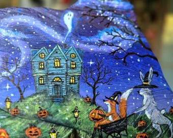 Hand Painted Halloween Wood Wall Art, Whimsical Haunted House Decor, Original Folk Art Painting on Reclaimed Wood, Pumpkin Cottagecore Gift