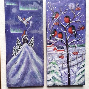 Whimsical winter fantasy wall decor/Hand painted fox owl bullfinch illustrations/Calming cottagecore paintings/Fairycore animals adventures
