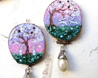 Hand-Painted Wooden White Hare Necklaces/Cottagecore Blooming Tree Talisman/Rabbit lover gift/bunny artisan jewellery/hares painting on wood