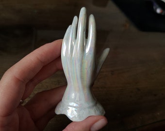 Vintage White Ceramic Hand Ring Holder// Jewelry Display Human Palm// Retro Jewellery Storage// Lustreware With White Pink Floral Centre