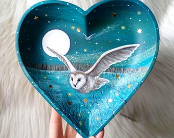 Hand Painted Owl Heart Bowl: Reclaimed Wood Woodland Decor