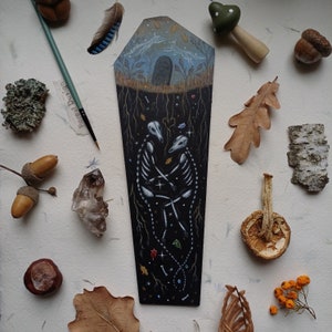 Original painting on recycled wood coffin skeletons/Whimsigoth magic painting/One of a kind gothic wall decoration/Cute grave illustration