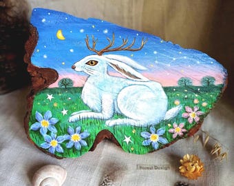 White Jackalope original painting on wood/Spring Hare Spirit Illustration on Reclaimed Wood/Whimsical Forest Animal Art/Rustic Easter decor