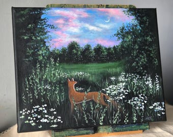 Hand painted Original 24 x 30 cm painting on canvas Whimsical Meadow Fox/Forest Fantasy Animal wall decoration/Summer landscape illustration