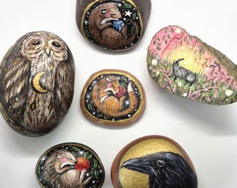 Hand painted animal rock,painted magic animals,mystical animal decor, shelf stone art, paper weight, fox painting, crow art, old illustratio