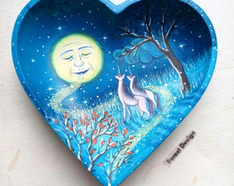 Wooden hand painted heart shaped bowl/ Unicorns reclaimed woodland decor tray/Magic horse wall art/Pink unicorns and Moon fantasy painting
