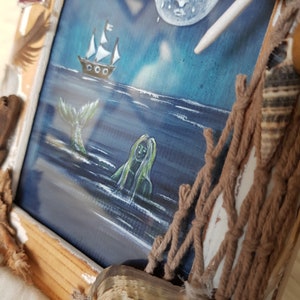 Original illustration settled in vintage marine frame Siren/Blue aesthetic acrylic illustration Mermaid/Ship at the sea magical decoration image 6