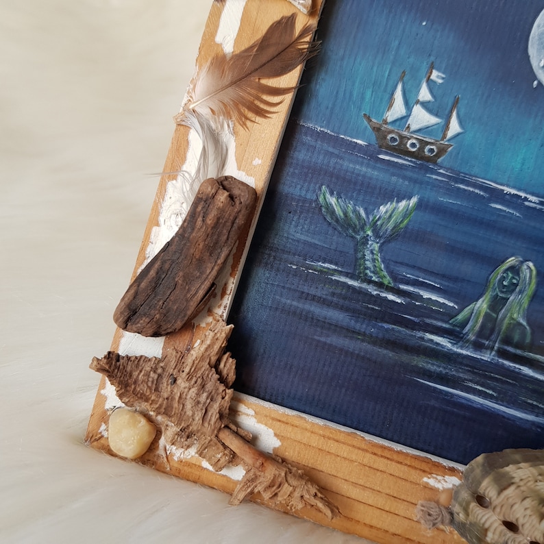 Original illustration settled in vintage marine frame Siren/Blue aesthetic acrylic illustration Mermaid/Ship at the sea magical decoration image 4