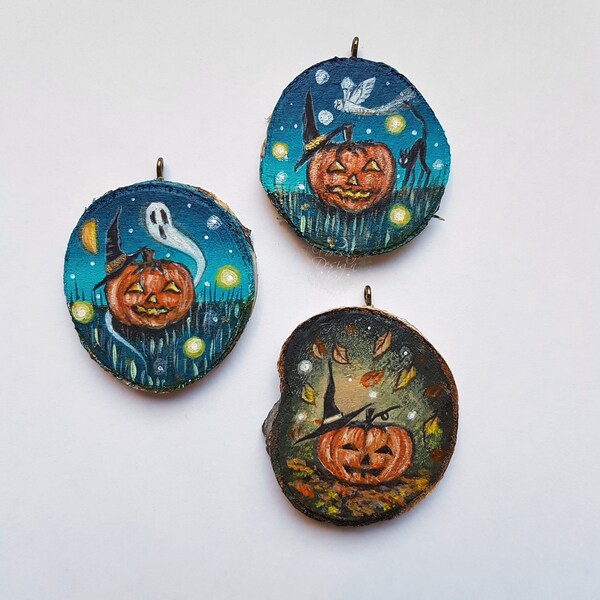 Colliers Samhain peints à la main magiques Citrouilles magiques, bijoux Woodland Jack-o'-lantern, bijoux fantasmagoriques fantasmagoriques d'Halloween, pendentifs occultes