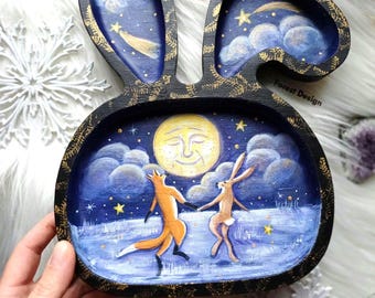 Hand Painted Bunny Bowl: Reclaimed Wood Fox & Rabbit Moon Tray