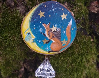 Magic yellow Moon and Fox Hand Painted Wooden Ornaments/Wooden cozy moon decorations/Lunar hand crafted sun catcher/Cute fox wall hanging