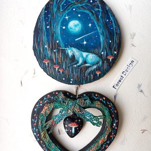 Original painting on recycled wood Woodland Unicorn Glade/Folklore magical wall hanging/Altar wall decoration animal spirit/Whimsical horse