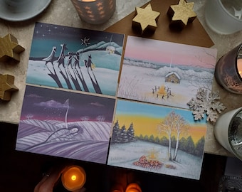 Set of 4 Whimsical Postcards Enchanted Winter/Wonderland Fairy tale illustration/Forest Animals Christmas cards/Snowy Woodland scenery art