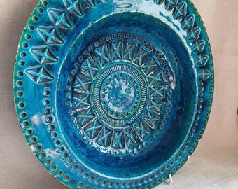 Vintage 1950s Bitossi Asymmetric Bowl| ITALY stamp no. 516/21|Vintage blue wall plate from 50s hand made in Italy| Easter table centerpiece
