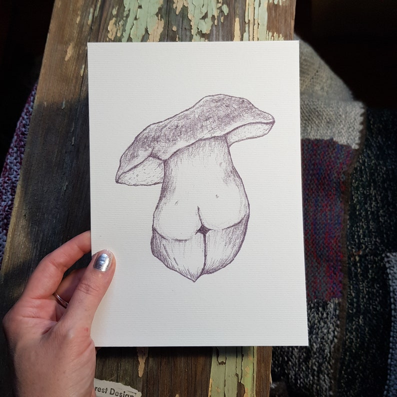 Art Print A5 A4 Mushroom Goddess original pencil drawing/Whimsical divine feminine art/Magical fungi gal sketch/body positivity shroom lady zdjęcie 2
