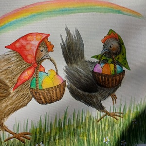 Original unframed fairytale watercolor illustration Easter Hens/Whimsical cute animals illustration/Original chickens colorful eggs painting image 6