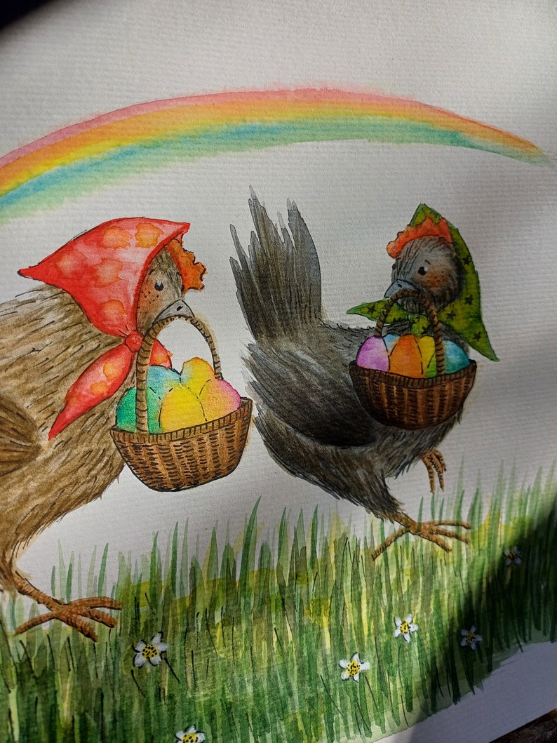 Original unframed fairytale watercolor illustration Easter Hens/Whimsical cute animals illustration/Original chickens colorful eggs painting image 6