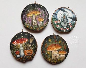 Magical hand painted necklaces with forest mushrooms/Woodland jewelry with toadstools/Whimsical pumpkin jeqwelry/Recycled wood magical art