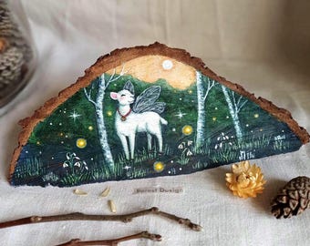 Hand-Painted Lamb Wood Slice: Fairycore Woodland Art
