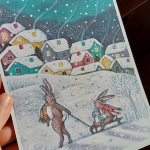 Fine Art Print A4 Snow Bunny Family/Whimsical animals wall decoration/Fairytale folklore scenery poster/Cozy winter village fantasy painting zdjęcie 5