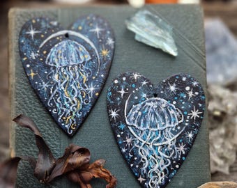 Hand Painted Jellyfish Necklace, Wooden Heart Pendant, Celestial Moon Jewelry, Whimsical Fantasy Art, Cottagecore Witchy Gift, ocean jewelry